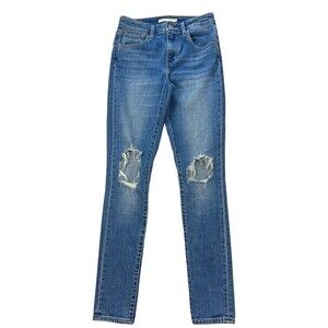 Levis 721 High‎ Rise Busted Knee Skinny Blue Denim Jeans Size 25